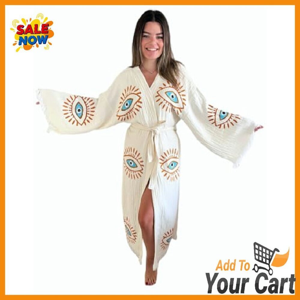 Handmade Evil Eye Kimono Boho Cotton Cardigan Festival Beach Cover Up - Picture 2 of 8